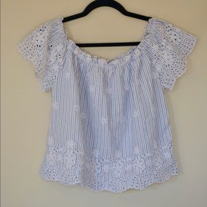 Blue seersucker off the shoulder Hollister blouse size m